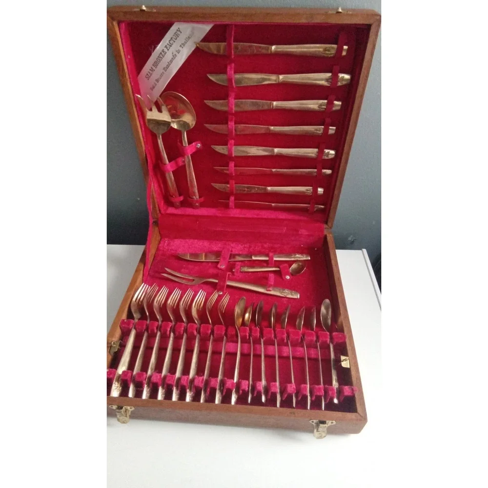 Siam Bronze Flatware Set Gold Bronze Cutlery Service for 6‎ in Wood Case